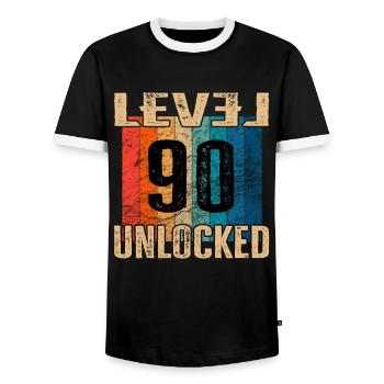 Birthday Happy Birthday Level Unlocked 90 years - Men's Ringer Shirt - black/white - Front - AI Model Female 172 light (172cm) & AI Model Male 178 light (178cm)