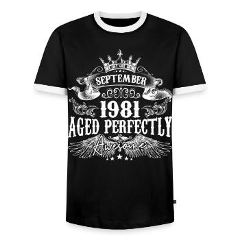 September 1981 anniversary 1981 September - Men's Ringer Shirt - black/white - Front - AI Model Female 172 light (172cm) & AI Model Male 178 light (178cm)