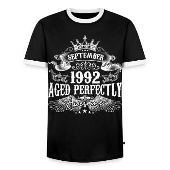 September 1992 anniversary 1992 September - Men's Ringer Shirt - black/white - Front - AI Model Female 172 light (172cm) & AI Model Male 178 light (178cm)