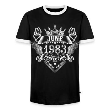 June 1983 | June 1983 anniversary 1983 - Men's Ringer Shirt - black/white - Front - AI Model Female 172 light (172cm) & AI Model Male 178 light (178cm)