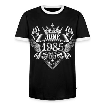 June 1985 | June 1985 anniversary 1985 - Men's Ringer Shirt - black/white - Front - AI Model Female 172 light (172cm) & AI Model Male 178 light (178cm)