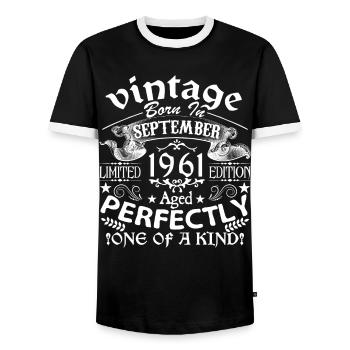 September 1961 | birthday 1961 born in September - Men's Ringer Shirt - black/white - Front - AI Model Female 172 light (172cm) & AI Model Male 178 light (178cm)
