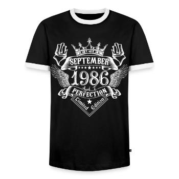 September 1986 | September 1986 anniversary 1986 - Men's Ringer Shirt - black/white - Front - AI Model Female 172 light (172cm) & AI Model Male 178 light (178cm)
