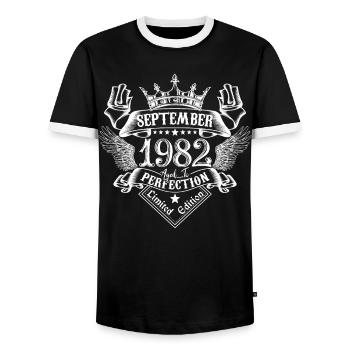 September 1982 | September 1982 anniversary 1982 - Men's Ringer Shirt - black/white - Front - AI Model Female 172 light (172cm) & AI Model Male 178 light (178cm)