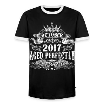 2017 | October 2017 birthday Aged Perfectly - Men's Ringer Shirt - black/white - Front - AI Model Female 172 light (172cm) & AI Model Male 178 light (178cm)