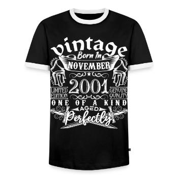 2001 November 2001 Anniversary November 2001 - Men's Ringer Shirt - black/white - Front - AI Model Female 172 light (172cm) & AI Model Male 178 light (178cm)