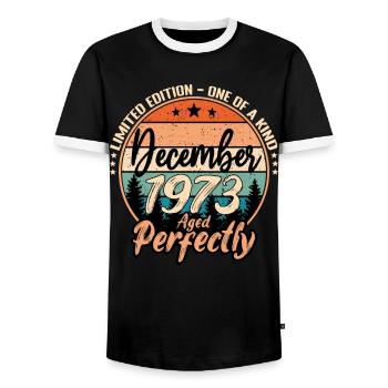 December 1973 Birthday 1973 Legends December - Men's Ringer Shirt - black/white - Front - AI Model Female 172 light (172cm) & AI Model Male 178 light (178cm)