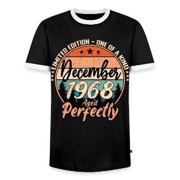December 1968 Birthday 1968 Legends December - Men's Ringer Shirt - black/white - Front - AI Model Female 172 light (172cm) & AI Model Male 178 light (178cm)