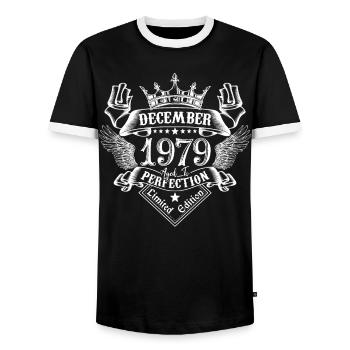 December 1979 | December 1979 Anniversary 1979 - Men's Ringer Shirt - black/white - Front - AI Model Female 172 light (172cm) & AI Model Male 178 light (178cm)