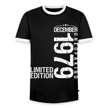 December 1979 December Anniversary December 1979 - Men's Ringer Shirt - black/white - Front - AI Model Female 172 light (172cm) & AI Model Male 178 light (178cm)