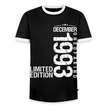 December 1993 December Anniversary December 1993 - Men's Ringer Shirt - black/white - Front - AI Model Female 172 light (172cm) & AI Model Male 178 light (178cm)