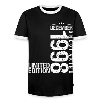 December 1998 December Anniversary December 1998 - Men's Ringer Shirt - black/white - Front - AI Model Female 172 light (172cm) & AI Model Male 178 light (178cm)
