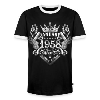 Janvier 1958 | Janvier 1958 anniversaire 1958 - T-shirt contrasté Homme - noir/blanc - Devant - AI Model Female 172 light (172cm) & AI Model Male 178 light (178cm)