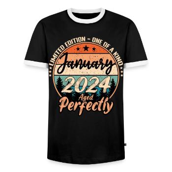January 2024 Anniversary 2024 Legends January - Men's Ringer Shirt - black/white - Front - AI Model Female 172 light (172cm) & AI Model Male 178 light (178cm)