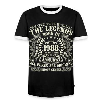 January 1988 Anniversary 1988 January Year - Men's Ringer Shirt - black/white - Front - AI Model Female 172 light (172cm) & AI Model Male 178 light (178cm)