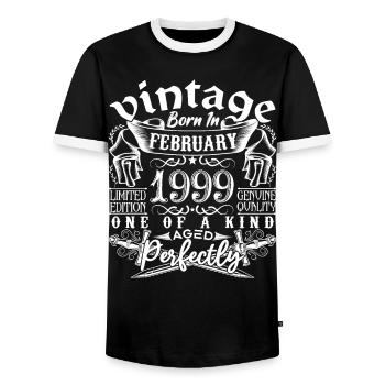 Février 1999 anniversaire Février 1999 February - T-shirt contrasté Homme - noir/blanc - Devant - AI Model Female 172 light (172cm) & AI Model Male 178 light (178cm)