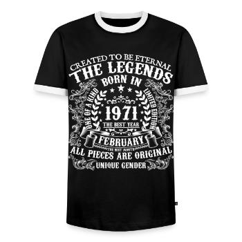 February 1971 Birthday 1971 February Year - Men's Ringer Shirt - black/white - Front - AI Model Female 172 light (172cm) & AI Model Male 178 light (178cm)