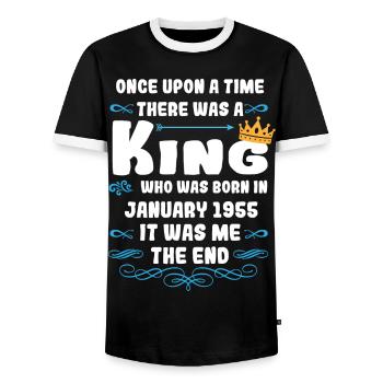 Once upon a time there was a king. January 1955 Birthday - Men's Ringer Shirt - black/white - Front - AI Model Female 172 light (172cm) & AI Model Male 178 light (178cm)