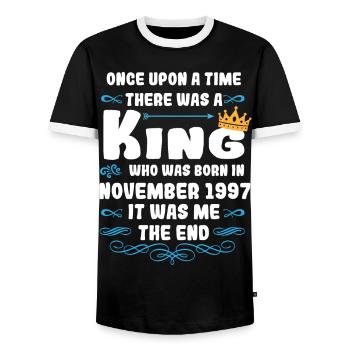 Es war einmal ein König. November 1997 Geburtstag - Männer Kontrast-T-Shirt - Schwarz/Weiß - Vorne - AI Model Female 172 light (172cm) & AI Model Male 178 light (178cm)
