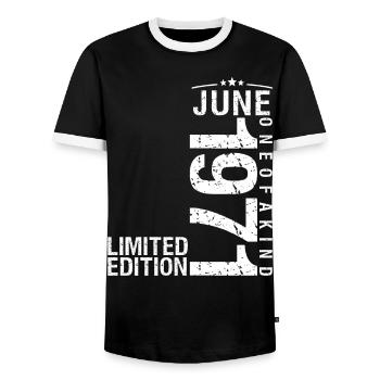 June 1971 June Anniversary June 1971 - Men's Ringer Shirt - black/white - Front - AI Model Female 172 light (172cm) & AI Model Male 178 light (178cm)