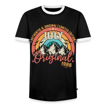 July 1986 July Anniversary 1986 July - Men's Ringer Shirt - black/white - Front - AI Model Female 172 light (172cm) & AI Model Male 178 light (178cm)