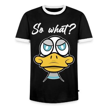 So what? with duck comic - Men's Ringer Shirt - black/white - Front - AI Model Female 172 light (172cm) & AI Model Male 178 light (178cm)