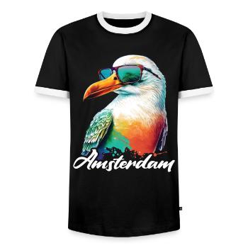 Amsterdam Niederlande Urlaub Möwe mit Sonnenbrille - Männer Kontrast-T-Shirt - Schwarz/Weiß - Vorne - AI Model Female 172 light (172cm) & AI Model Male 178 light (178cm)