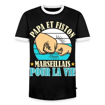 Papa Marseillais Père Fils Supporter Marseille - T-shirt contrasté Homme - noir/blanc - Devant - AI Model Female 172 light (172cm) & AI Model Male 178 light (178cm)