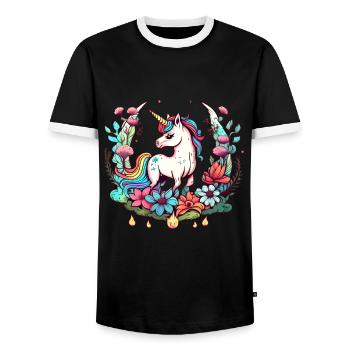 Einhorn und Blumen: Magisches T-Shirt Design - Männer Kontrast-T-Shirt - Schwarz/Weiß - Vorne - AI Model Female 172 light (172cm) & AI Model Male 178 light (178cm)