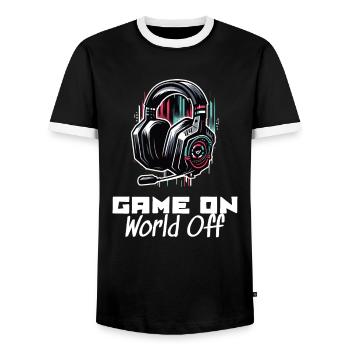 Game On World Off Gamer Sprüche Shirt - Männer Kontrast-T-Shirt - Schwarz/Weiß - Vorne - AI Model Female 172 light (172cm) & AI Model Male 178 light (178cm)