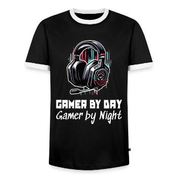 Gamer by day and by night Gaming Sleep Shirt - Men's Ringer Shirt - black/white - Front - AI Model Female 172 light (172cm) & AI Model Male 178 light (178cm)