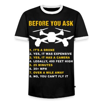 Drone FAQ Quadrocopter Drone Flying Drones - Men's Ringer Shirt - black/white - Front - AI Model Female 172 light (172cm) & AI Model Male 178 light (178cm)