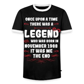 Es war einmal eine Legende. November 1988 Geburtst - Männer Kontrast-T-Shirt - Schwarz/Weiß - Vorne - AI Model Female 172 light (172cm) & AI Model Male 178 light (178cm)
