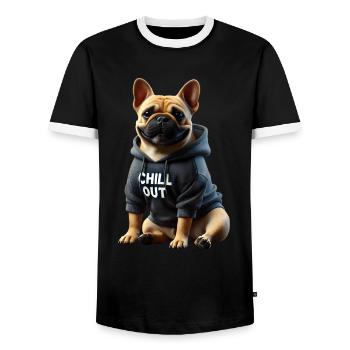 Funny French Bulldog Chill Out Chill Out - Men's Ringer Shirt - black/white - Front - AI Model Female 172 light (172cm) & AI Model Male 178 light (178cm)