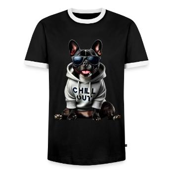 Funny French Bulldog Chill Out Chill Out - Men's Ringer Shirt - black/white - Front - AI Model Female 172 light (172cm) & AI Model Male 178 light (178cm)