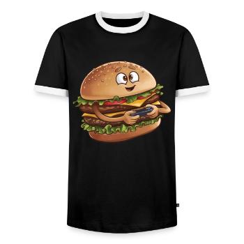 Funny Fast Food Gaming Pizza Gamer Gamer Gaming - Men's Ringer Shirt - black/white - Front - AI Model Female 172 light (172cm) & AI Model Male 178 light (178cm)
