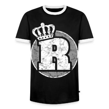 Stylischer Buchstabe R mit Krone - Männer Kontrast-T-Shirt - Schwarz/Weiß - Vorne - AI Model Female 172 light (172cm) & AI Model Male 178 light (178cm)
