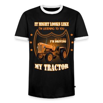In my head I 'm driving my TRACTOR Trekker tractor - Men's Ringer Shirt - black/white - Front - AI Model Female 172 light (172cm) & AI Model Male 178 light (178cm)