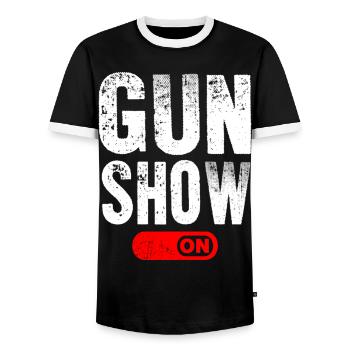 Gun Show Mode ON - Men's Ringer Shirt - black/white - Front - AI Model Female 172 light (172cm) & AI Model Male 178 light (178cm)