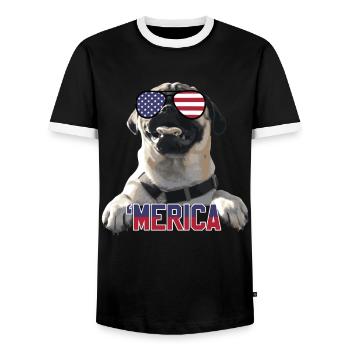 'Merica Pug - Dog America Funny Gift - Men's Ringer Shirt - black/white - Front - AI Model Female 172 light (172cm) & AI Model Male 178 light (178cm)