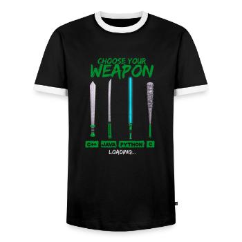 Cool Programmer Shirt Choose Your Weapon C++ Java - Männer Kontrast-T-Shirt - Schwarz/Weiß - Vorne - AI Model Female 172 light (172cm) & AI Model Male 178 light (178cm)