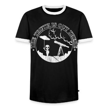 Ufo Alien Shirt Gift The truth is out there - Men's Ringer Shirt - black/white - Front - AI Model Female 172 light (172cm) & AI Model Male 178 light (178cm)