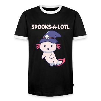 Halloween-Axolotl-Kostüm Spooks-A-Lotl - Männer Kontrast-T-Shirt - Schwarz/Weiß - Vorne - AI Model Female 172 light (172cm) & AI Model Male 178 light (178cm)
