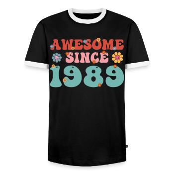 Great since 1989 Groovy Birthday - Men's Ringer Shirt - black/white - Front - AI Model Female 172 light (172cm) & AI Model Male 178 light (178cm)