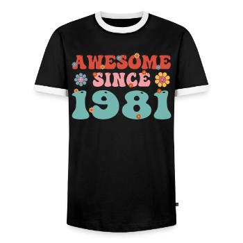 Reverent since 1981 Groovy birthday - Men's Ringer Shirt - black/white - Front - AI Model Female 172 light (172cm) & AI Model Male 178 light (178cm)