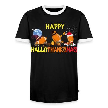Funny football Happy Hallothanksmas - Men's Ringer Shirt - black/white - Front - AI Model Female 172 light (172cm) & AI Model Male 178 light (178cm)