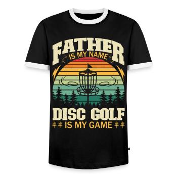 Father Is My Name Disc Golf Is My Game - Men's Ringer Shirt - black/white - Front - AI Model Female 172 light (172cm) & AI Model Male 178 light (178cm)