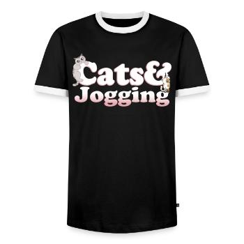 Cute Kawaii Cats And Jogging Women's Cat and - Männer Kontrast-T-Shirt - Schwarz/Weiß - Vorne - AI Model Female 172 light (172cm) & AI Model Male 178 light (178cm)