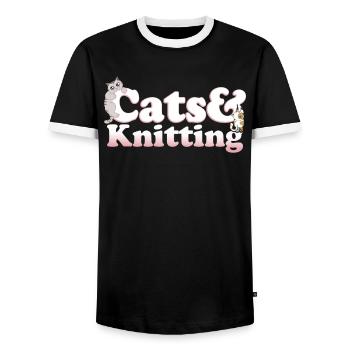 Cute Kawaii Cats And Knitting Women's Cat and - Männer Kontrast-T-Shirt - Schwarz/Weiß - Vorne - AI Model Female 172 light (172cm) & AI Model Male 178 light (178cm)