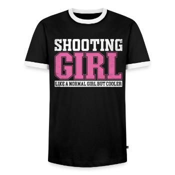 Womens Shooting Girl Like A Normal Girl But Cooler - Men's Ringer Shirt - black/white - Front - AI Model Female 172 light (172cm) & AI Model Male 178 light (178cm)